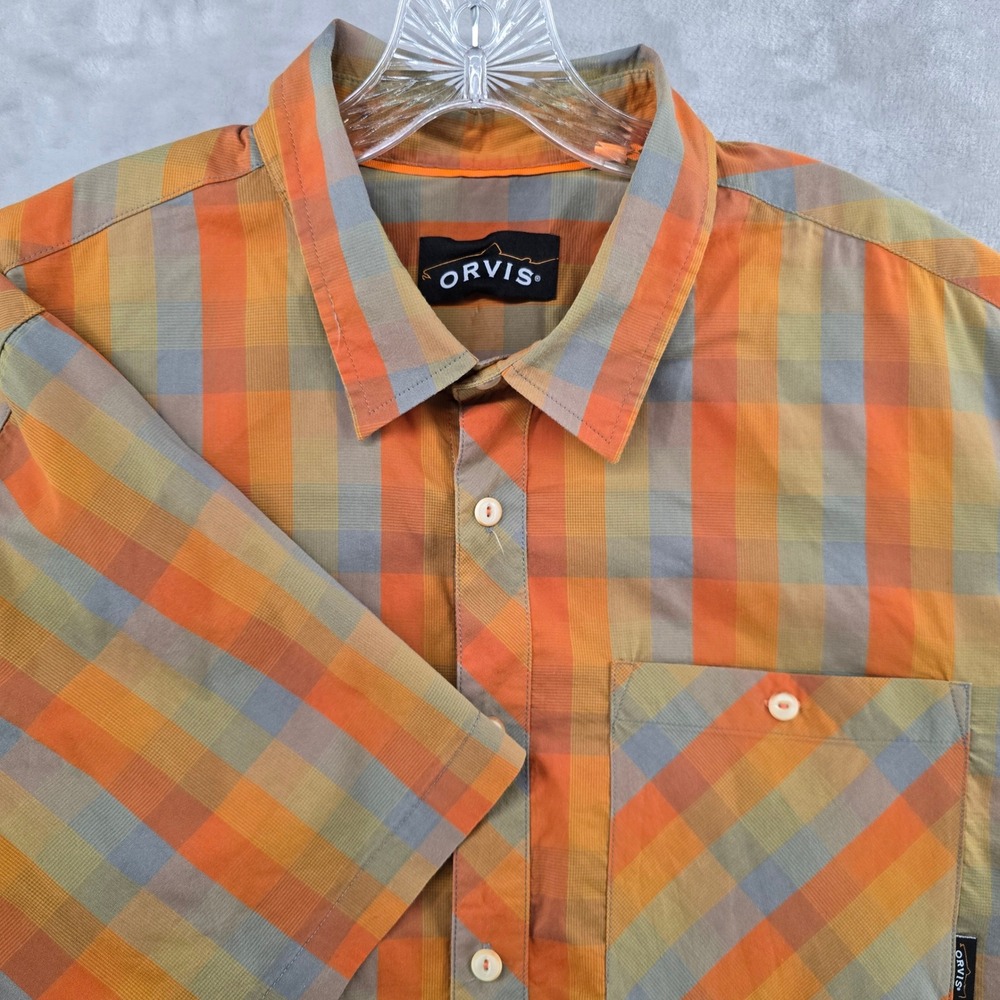 Orvis Button Down Shirt Mens XL‎ Orange Plaid Short Sleeve Cotton Blend Utility
